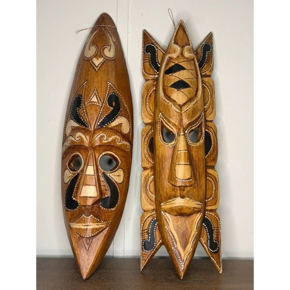 Carved Wooden Tribal Style Wall Masks Set of 2 Boho Ethnic Decor 18 Inch